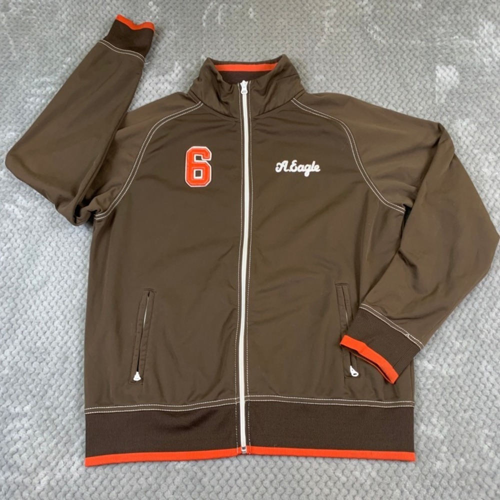 American Eagle Mens Brown Orange Varsity Track Jacket Full Zip Large Y2K‎
